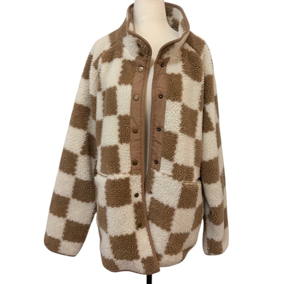 NEW Checkerboard Sherpa Fleece 2XL Tan White Jacket Button Snap Collar Pockets - Picture 2 of 8